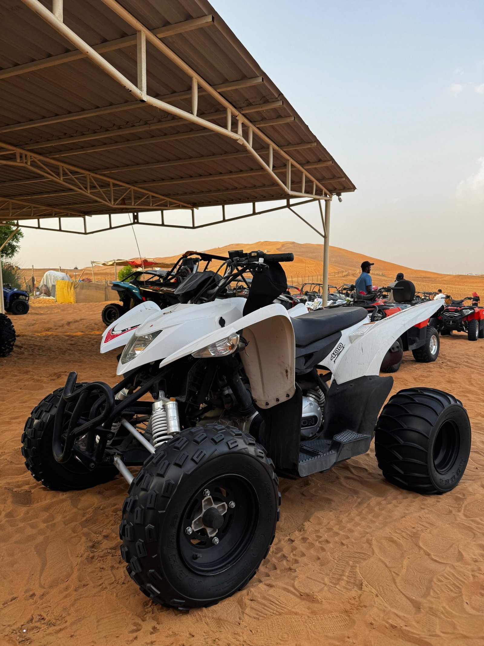 400cc quad bike parked with wide desert landscape in the background